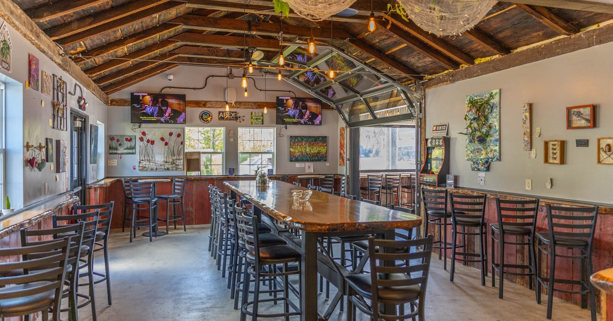 Interior, seating area, tables with bar stools