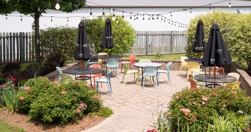 patio seating area with flowering bush nearby