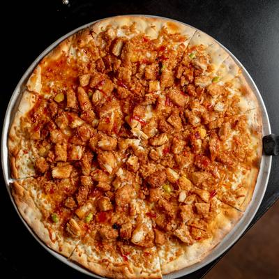 Orange Chicken pizza, top view.