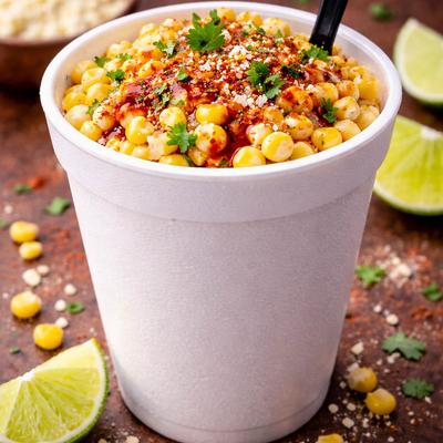 Cup of Mexican street corn topped with chili powder, cilantro and crumbled cheese.