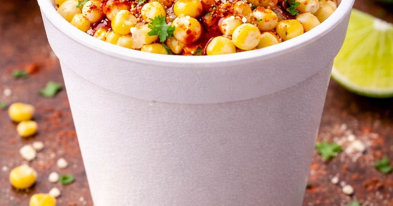 Cup of Mexican street corn served on the table