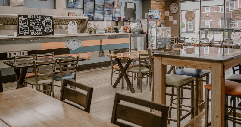 Interior, tables and chairs ready for guests