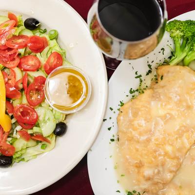 Chicken Francese and salad.