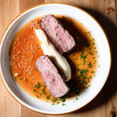 Prime Rib eye with  Celery root puree and lamb jus.