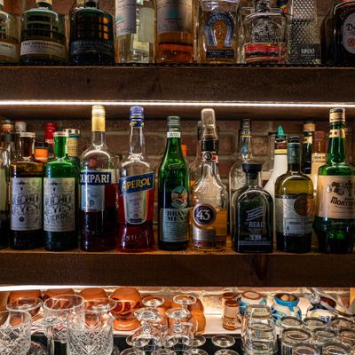 Selection of spirits and liquers on the bar shelfes.