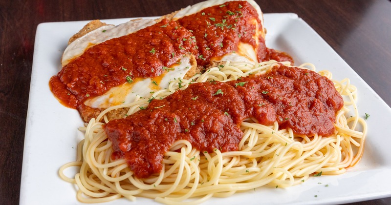 Chicken parm dinner, top view