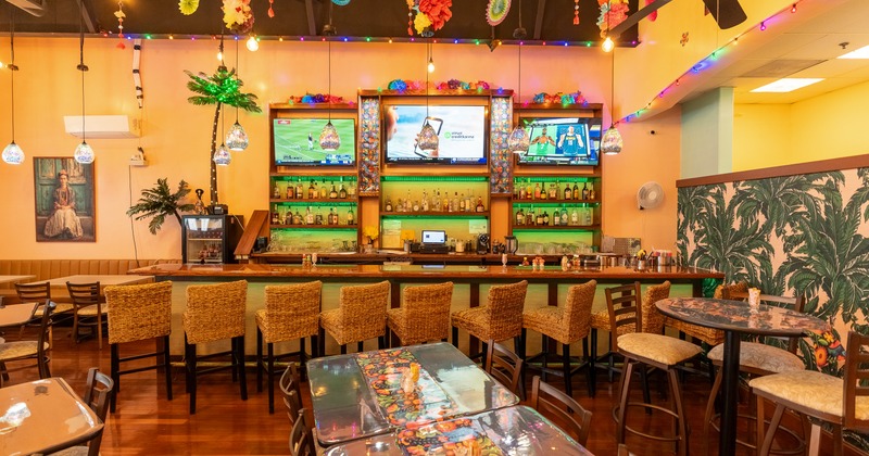 Bar area, front view to bar, stools, drink rack