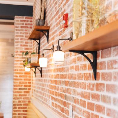 Shelves on the wall with decorations.