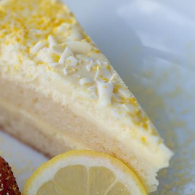 Close up view of lemon cake piece.