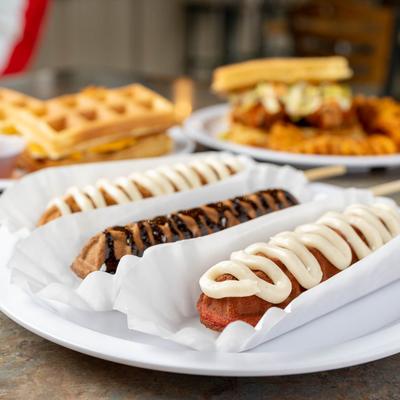 Different waffles on a stick.