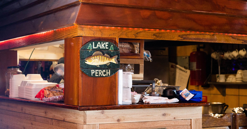 Bar area, sign with ''Lake Perch''