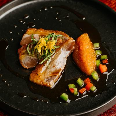 Cured duck breast plate.