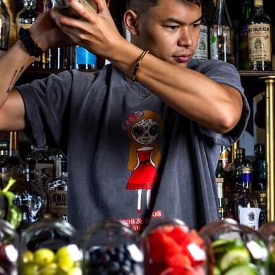 Bartender shaking a drink behind the bar counter.