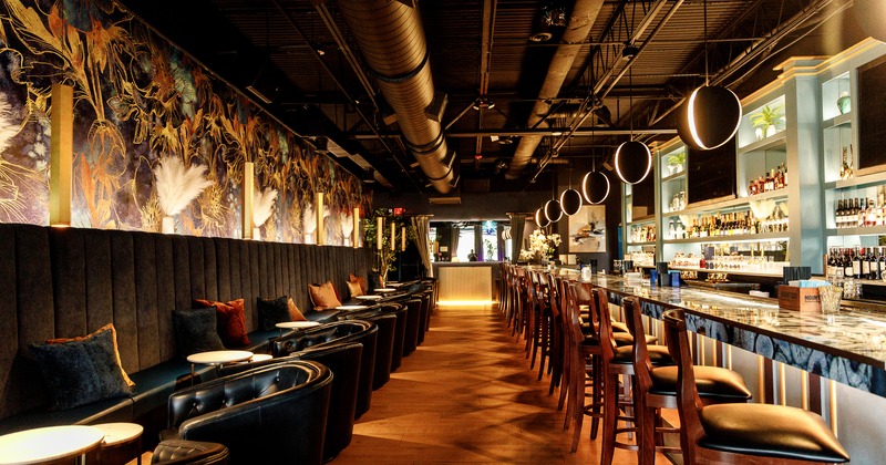 Modern interior with a long bar on one side and upholstered seats along the wall on the other side