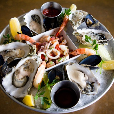 Fresh Seafood Tower, 6 oysters, 6 mussels, 4 shrimp and ceviche.