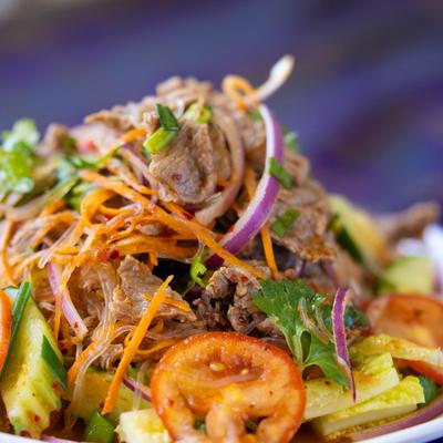 Beef salad, close up.