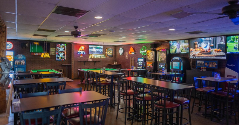 Interior, dining area and pool tables area