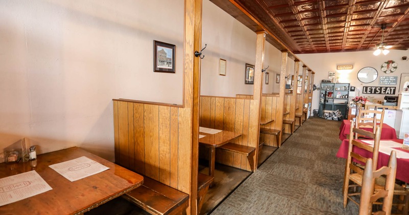 Interior, wooden restaurant booths