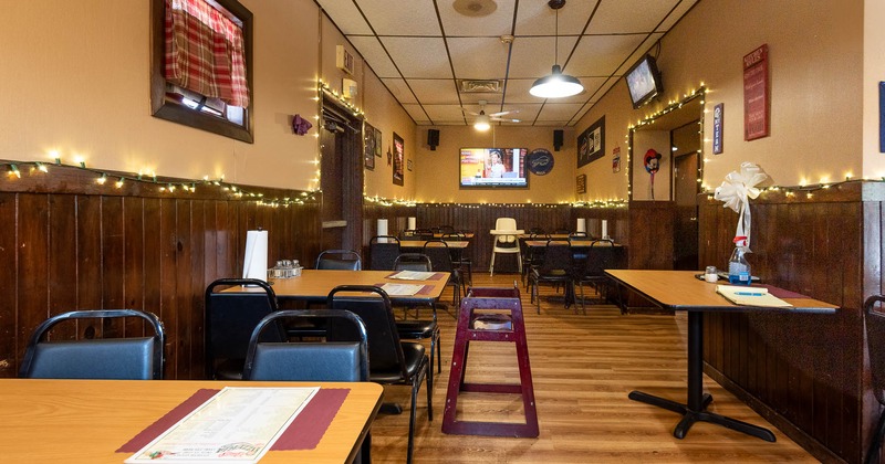 Interior, place for seating with tables and baby chair