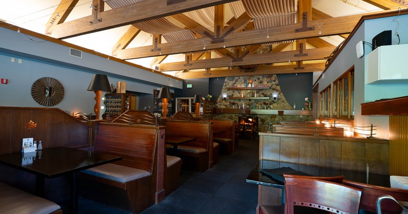 Interior, restaurant booths in dining area