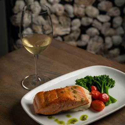 Pan Roasted Salmon, served with white wine