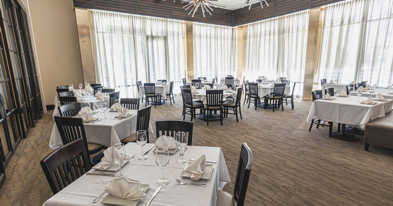 Dining area set, tables ready for guests