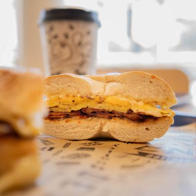 Bagel sandwich with egg, American cheese, and bacon.