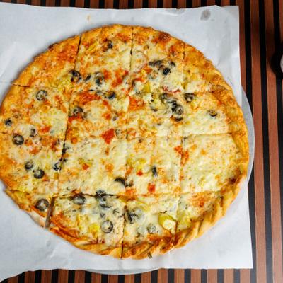 Mediterranean pizza, top view.