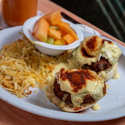 Crab Cake Benedict, with hash browns.