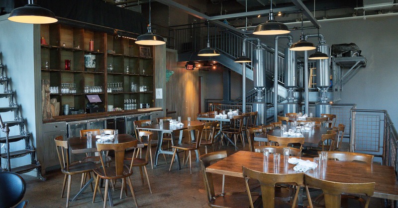 Interior, tables and chairs in seating area