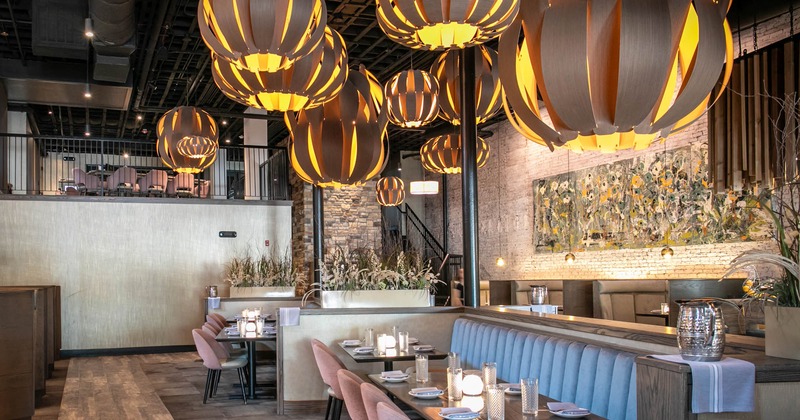 Modern interior design, set dining tables and seating, ceiling lanterns