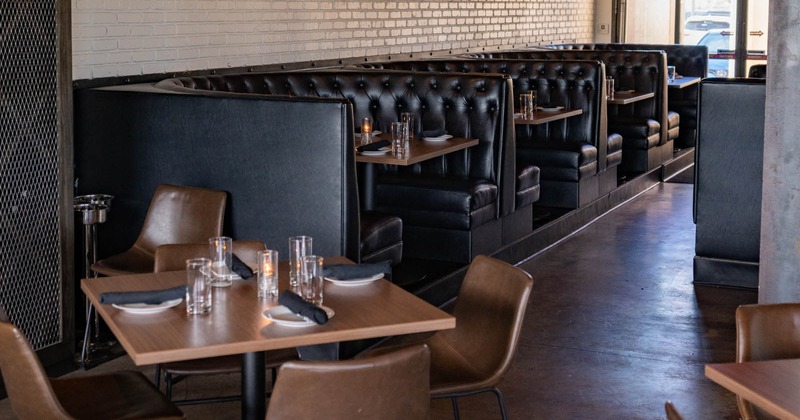 Interior, set tables and restaurant booths
