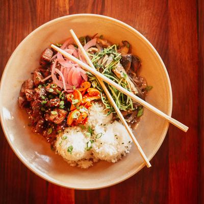 Grilled Steak with Jasmine Rice, Local Mushrooms and Pickled Vegetables