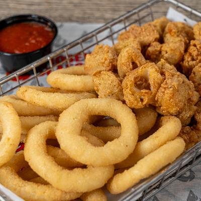 Fried calamari and onion rings.