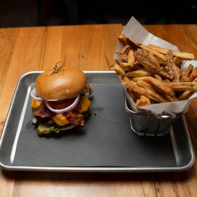 Pub burger and fries.