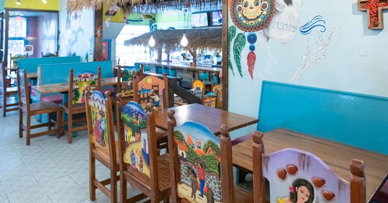 Inside, decorated chairs, closeup