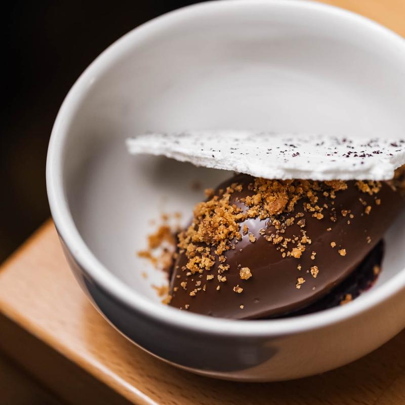 menu item 22 of 22, Chocolate Budino, Blueberry, Meringue, Butter Crumb