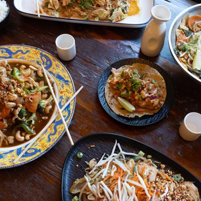 Assorted dishes on a table, top view.