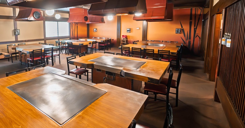Interior, tables and chairs lined up