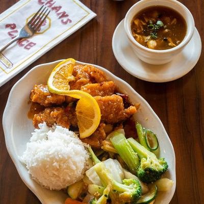 Orange Chicken & Buddhist Lunch Special.