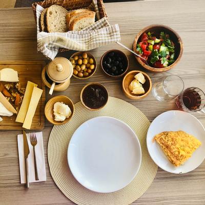 Assorted food and drinks.