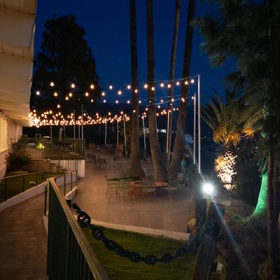 Outdoor seating area at night.