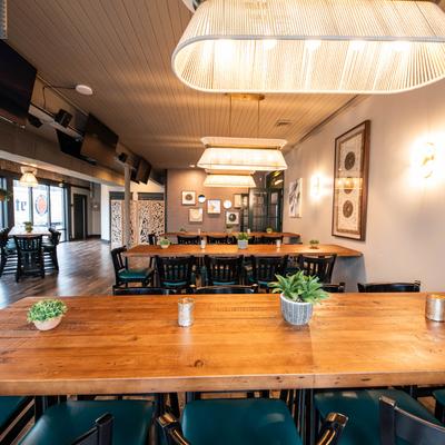 Seating area, tables.