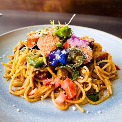 Spaghetti Kee Mao with Lao Sausage.