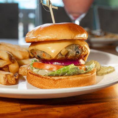 Veggie Burger served with fries.