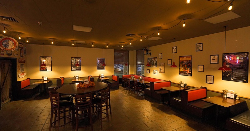 Interior, booths, tables, lights, windows, wall decorations