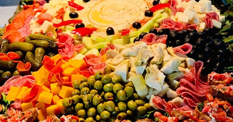 Charcuterie grazing table, food close up