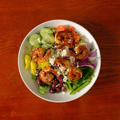 Fried shrimp salad.