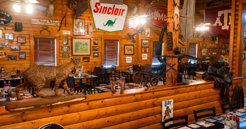 Interior, decorated wall with tables and chairs in the back