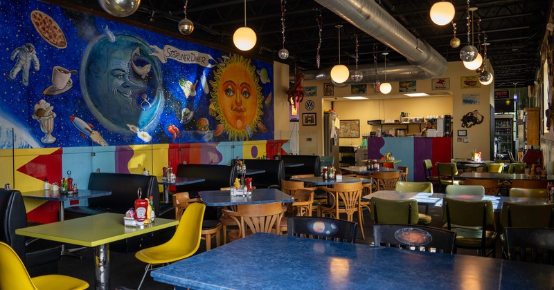 Diner room, tables and chairs, wide view